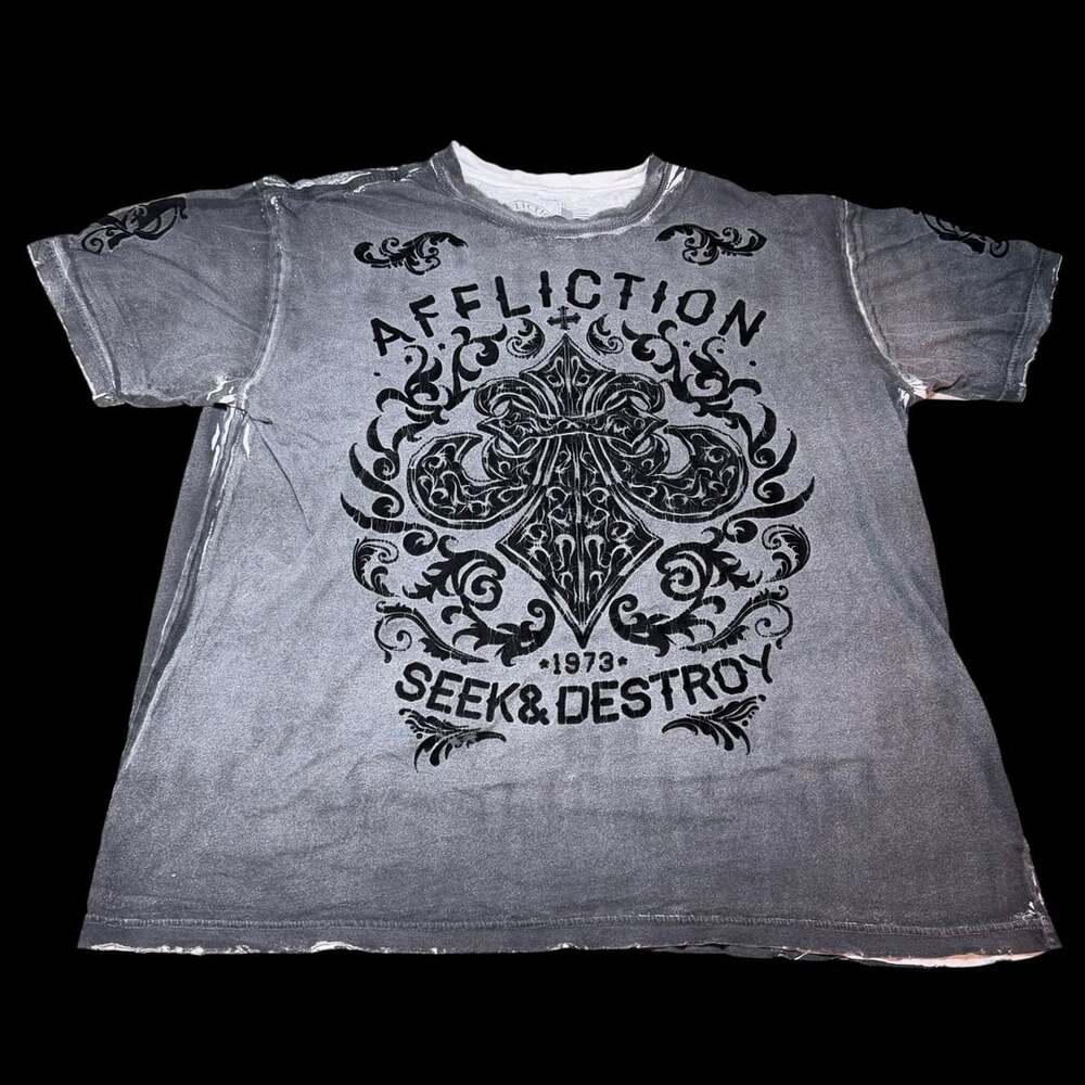 Affliction Seek & Destroy T-Shirt Size 3X-Large Gray Velvet Cross